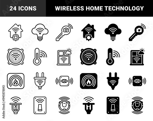 Smart home automation symbols featuring hybrid integration of wireless signals with household appliances security sensors and climate control devices
