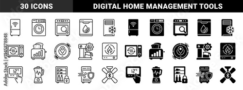 Hybrid smart home appliance collection featuring integrated sensor symbols for laundry kitchen cooling and climate control in outline and solid styles