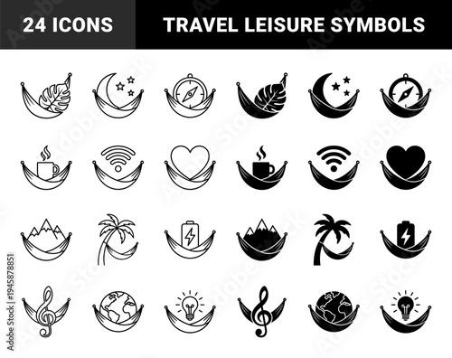 Hybrid hammock lifestyle symbols merging outdoor relaxation with travel elements including mountain palm tree campfire globe and compass metaphors