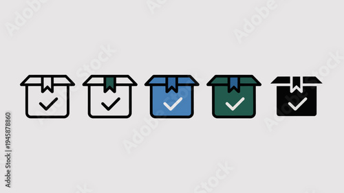 A series of five package icons are displayed showcasing different color variations with a checkmark inside each box high quality professional detailed modern elegant stylish clean