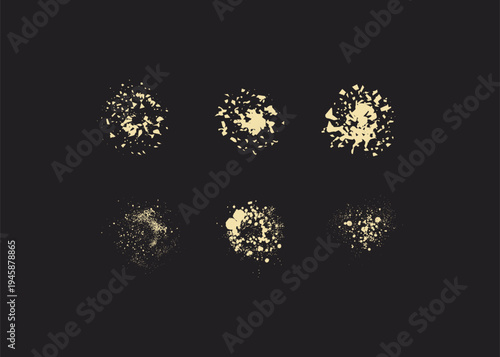 Set of six yellow paint splatters on black background, grunge texture, abstract, paint effect