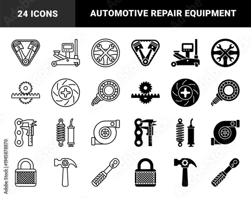 Hybrid Automotive Engineering and Mechanical Tool Symbols Featuring Piston Gears Wrench Steering Wheel and Turbocharger Component Design Elements