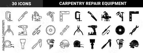 Construction and carpentry hand tool collection featuring hybrid equipment combinations like drill with hand plane and hammer with digital caliper