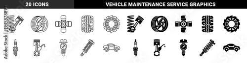 Automotive repair hybrid icons combining car parts with mechanic tools like wrenches and gears in both outline and solid black silhouette styles