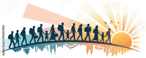 Hopeful Refugee Family Migration Journey Silhouette Walking Toward Sunrise With City Skyline Reflection