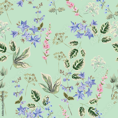 Blue and pink flowers, bellflowers, leaves, herbs, mint green background. Floral illustration. Vector seamless pattern. Botanical design. Meadow nature plants