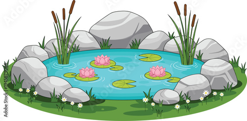Garden pond with water lilies rocks and reeds landscape nature flat vector illustration isolated on white background