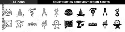 Construction and engineering hybrid symbols merging building tools with technology and growth concepts featuring a line and solid dual style design