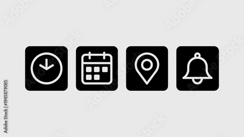 A collection of four simple black and white icons are displayed on a light grey background representing time calendar location and notification high quality professional detailed