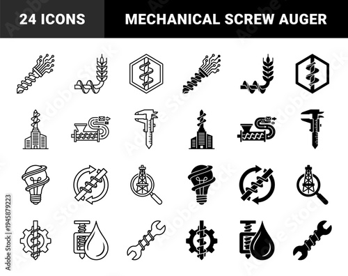 Black and white hybrid symbols combining an industrial screw auger with various concepts like a lightbulb gear wheat stalk and data cables