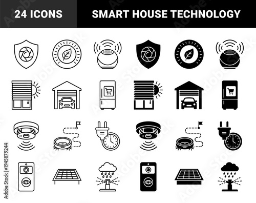 Smart home automation symbols featuring hybrid conceptual designs for security cameras appliances climate control and energy management systems