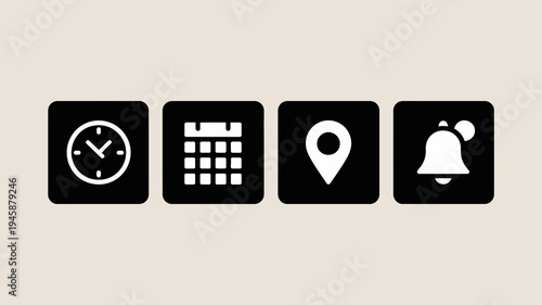 A series of four simple black square icons are displayed against a neutral background representing time calendar location and notifications high quality professional detailed modern elegant