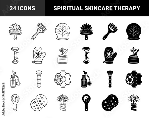 Holistic Skincare and Zen Wellness Hybrid Symbols Featuring Lotus Brush Massage Roller Moon Goddess Glove and Herbal Infusion Elements