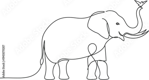 Whimsical sketch of an elephant and a tiny human companion isolated on white background, Vector