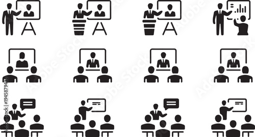 Business Training Icons Set. Workshop, Coaching, Collaboration and Team Meeting Symbols Vector