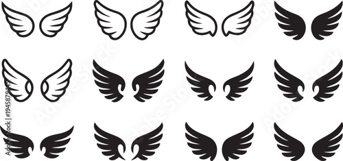 Angel Wing Icons Set. Bird Wings, Feather and Flying Symbol Collection Vector