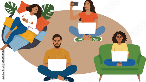 Set of young people working on laptop using phone sitting and lying on sofa remote work vector illustration