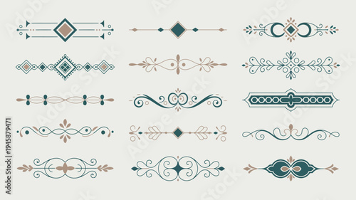 An assortment of vintage decorative elements and ornamental dividers are displayed on a light beige background high quality professional detailed modern elegant stylish clean crisp vibrant
