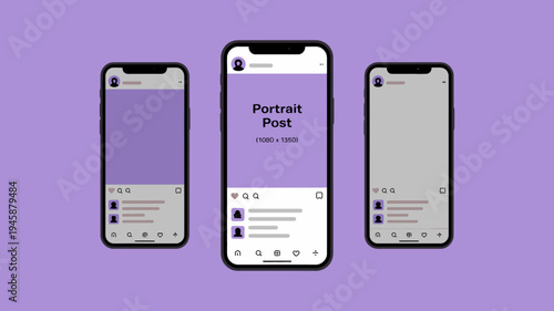 Three black smartphones display a purple social media profile with a portrait post likes and comment section high quality professional detailed modern elegant stylish clean crisp