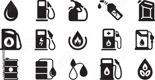 Fuel and Gas Icons Set. Gasoline Pump, Oil Station and Energy Industry Symbols Vector