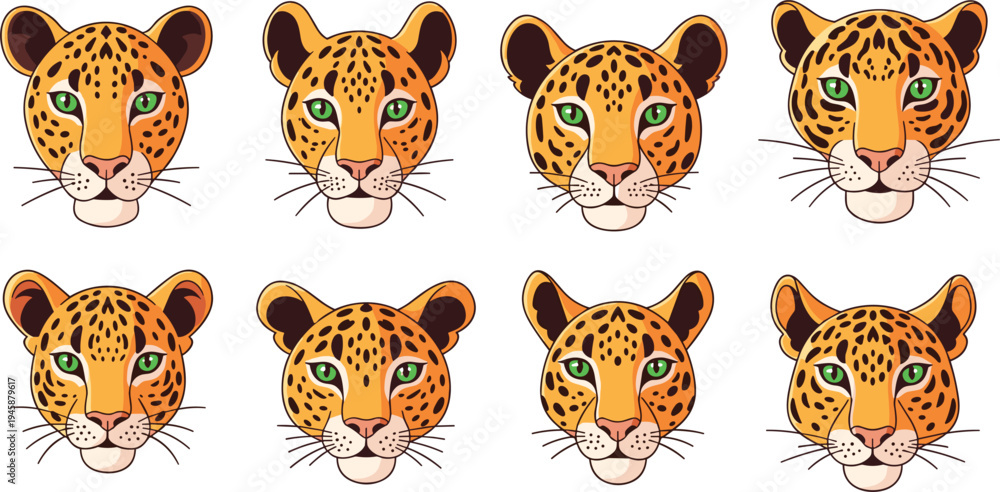 Obraz premium Leopard and cheetah big cat faces vector collection, wild feline animal head illustrations for wildlife mascot, safari logo and nature design