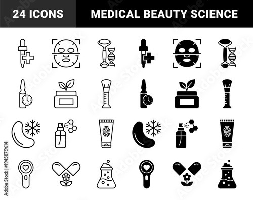Biotechnology Skincare and Medical Aesthetic Hybrid Icons Featuring DNA Helix Skin Roller Lab Flask and Botanical Capsule Design Elements