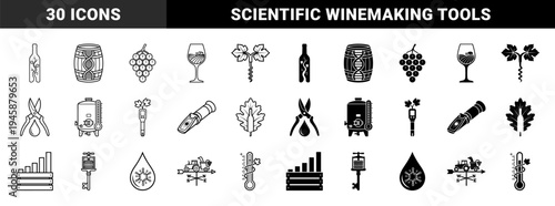 Hybrid Viticulture and Enology Icons Merging Wine Production Tools with Scientific Concepts and Organic Elements in Minimalist Outline and Silhouette Style