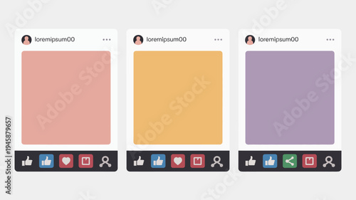 A series of three mobile phone screens displaying solid color backgrounds each with social media interaction icons below high quality professional detailed modern elegant stylish clean