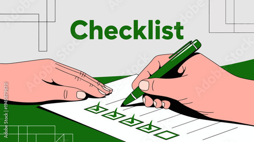 An illustration depicts a hand checking off items on a checklist with a green pen symbolizing task completion and organization high quality professional detailed modern elegant