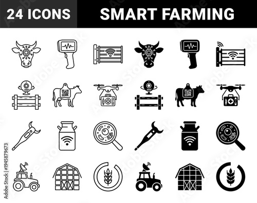 Smart farming and precision livestock icons featuring cow with microchip data tracking drone delivery and automated agricultural monitoring equipment
