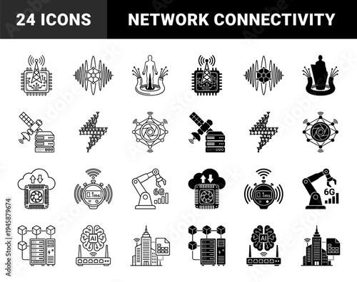 Next Generation 6G Telecommunication and Network Infrastructure Hybrid Icons Featuring Satellite Connectivity Smart City Automation and Ultra Low Latency Data Processing