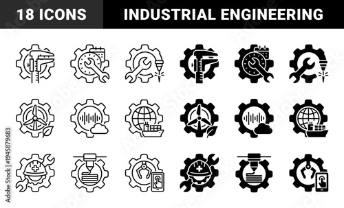 Industrial engineering and smart manufacturing hybrid icons featuring mechanical gears merged with measuring tools renewable energy logistics and automation