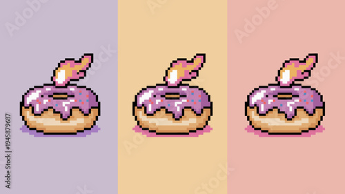 Three pixel art donuts with pink frosting and sprinkles are displayed against a gradient background of pastel colors high quality professional detailed modern elegant stylish clean