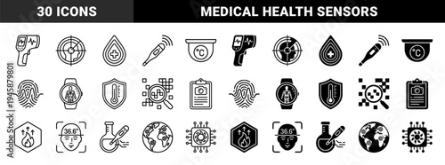 Biometric health monitoring and thermal scanning icons featuring hybrid medical sensors digital thermometers infrared scanners and body temperature tracking