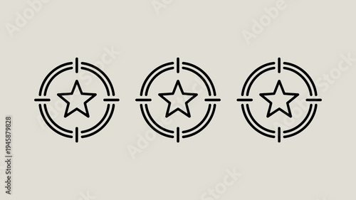 Three black line art icons depict stars enclosed within circular targets arranged horizontally against a neutral background high quality professional detailed modern elegant stylish clean crisp