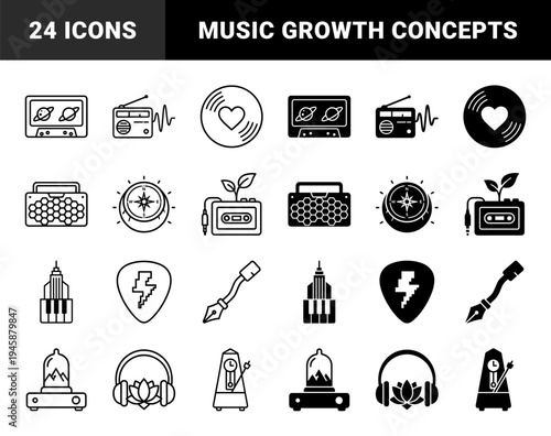 Black and white music industry icons featuring hybrid conceptual designs merging audio equipment with nature architecture and celestial elements