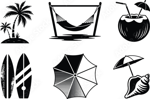 Black and white of tropical beach including palm trees, hammock, coconut drink, surfboards, umbrella, and seashell