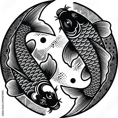Koi fish silhouette vector illustration, yin yang inspired design, black and white aquatic artwork, balance and harmony theme, Eastern philosophy graphic