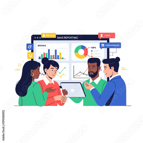 Diverse team analyzing SaaS reporting dashboard with charts and analytics