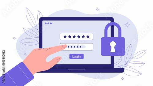 A hand is poised to enter a password on a laptop displaying a login screen with a padlock symbolizing online security measures high quality professional detailed