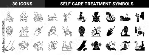 Minimalist hybrid wellness and self care symbols featuring dual outline and solid styles for holistic spa treatments and relaxation rituals