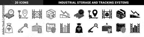Logistics and Smart Warehouse Management Icons Featuring Hybrid Designs of Pallet Timers Cargo Trackers and Biometric Facility Security Systems