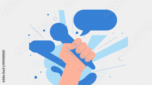 A hand firmly grips a black microphone positioned near vibrant blue speech bubbles suggesting a public speaking event or broadcast high quality professional detailed modern elegant
