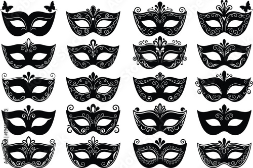 Masquerade mask silhouette illustration collection, ornate decorative designs, costume party accessory, elegant disguise, artistic vector pattern, carnival celebration, festive fashion art