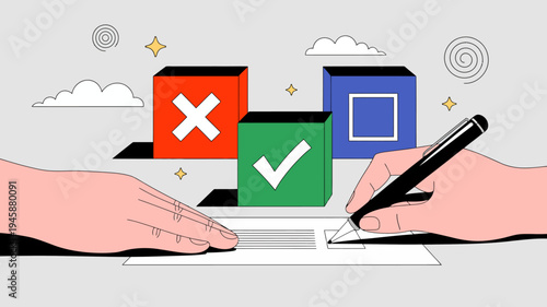 An illustration depicts a hand signing a document with colorful blocks featuring checkmarks and an x nearby high quality professional detailed modern elegant stylish clean crisp