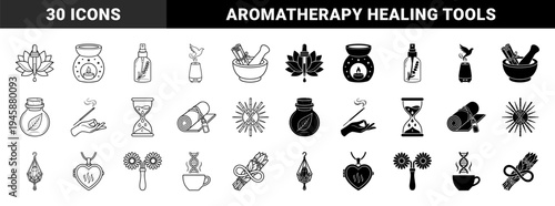 Wellness and holistic therapy hybrid icons featuring lotus pipette oil burners mortar pestle hourglass crystal and herbal smudge stick symbols