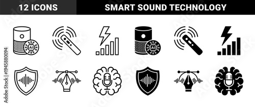 Artificial Intelligence Audio Interface Symbols Merging Voice Waveforms with Microphones Brains and Smart Speaker Hardware Technology Concepts