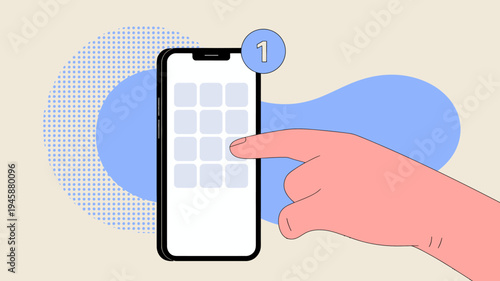 A hand is shown touching the screen of a black smartphone displaying a grid of app icons and a notification badge high quality professional detailed modern