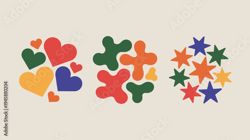 A colorful arrangement of abstract shapes hearts clovers and stars are displayed against a light beige background high quality professional detailed modern elegant stylish clean crisp
