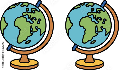 Simple cartoon illustration of two identical desktop globes with brown stands and yellow bases, showing Earth on white background